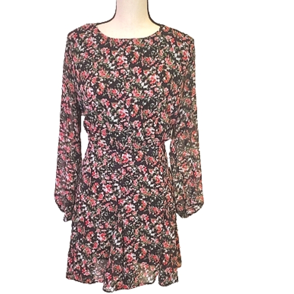 Ax Paris Black/Mauve/Green Multi-color Floral Long Sleeve Mini Dress, Size 18 - Picture 1 of 15